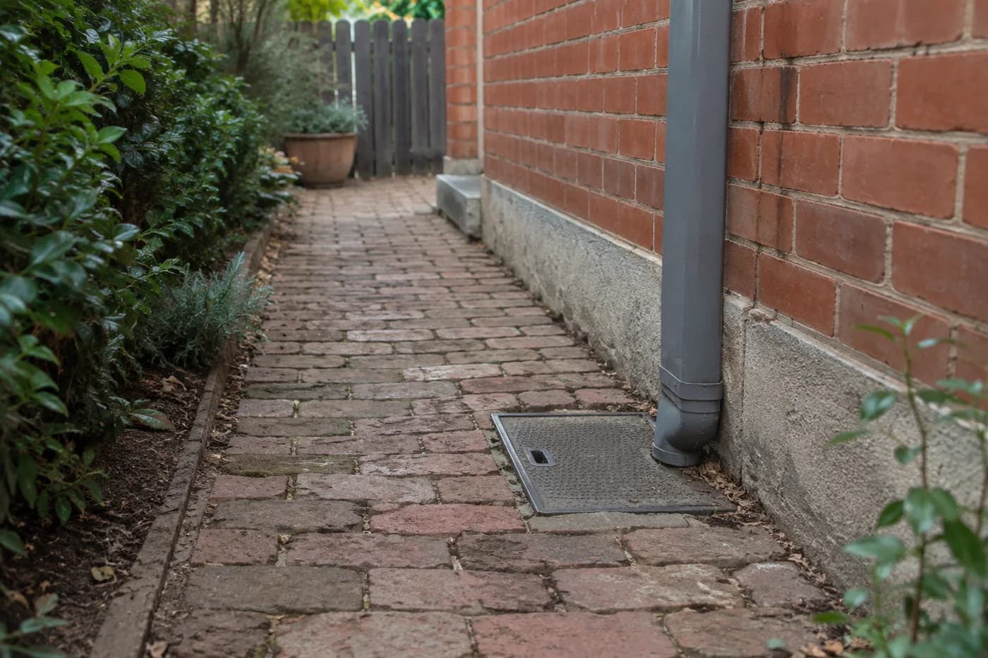 Drain inspection cover and downpipe beside a brick terrace garden path