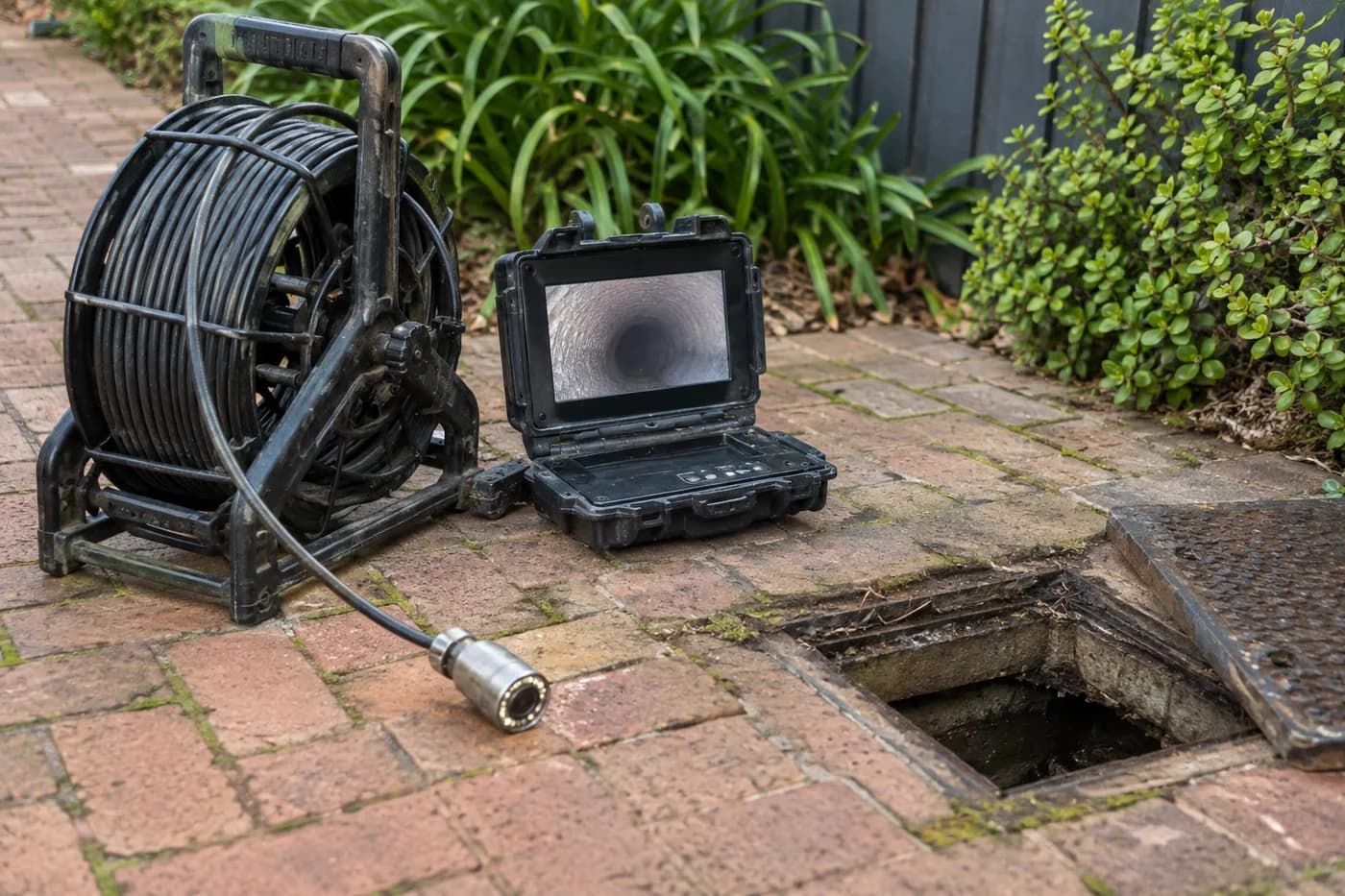 Camera reel and inspection monitor on a brick path beside a drain access